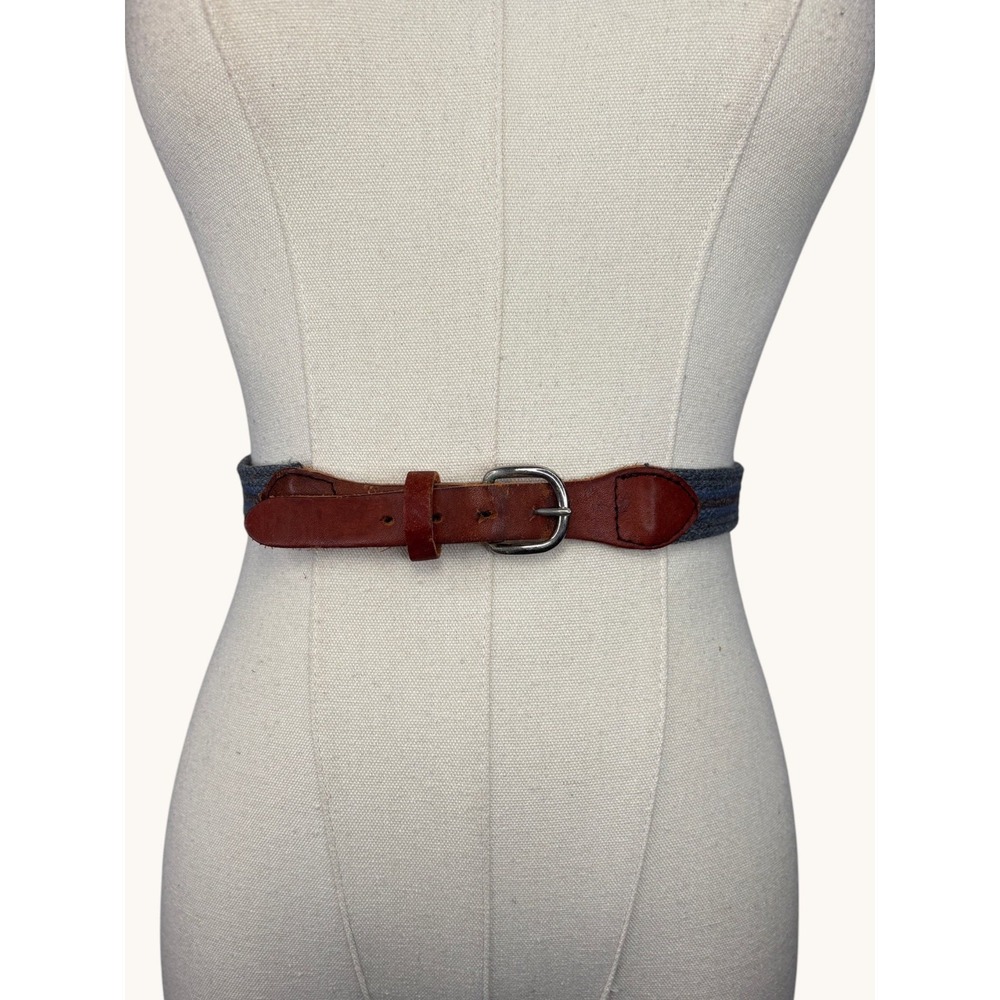 Vintage Woven Fabric Belt Blue Gray Striped Brown Leather Trim Silver Buckle